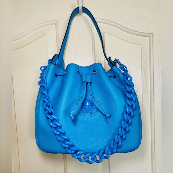 NEW! VERSACE La Medusa Blue Leather Drawstring Hobo Satchel Bucket Bag Travel - Picture 17 of 17